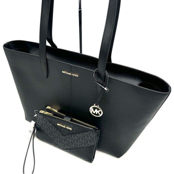 Michael Kors Medium Jet Set Travel Zip Tote Bag & Double Zip Wallet Black/Gold - Picture 9 of 13